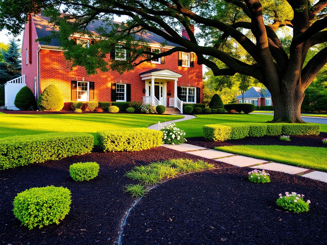Manicured front yard with stone walkway, fresh mulch beds, and trimmed hedges
