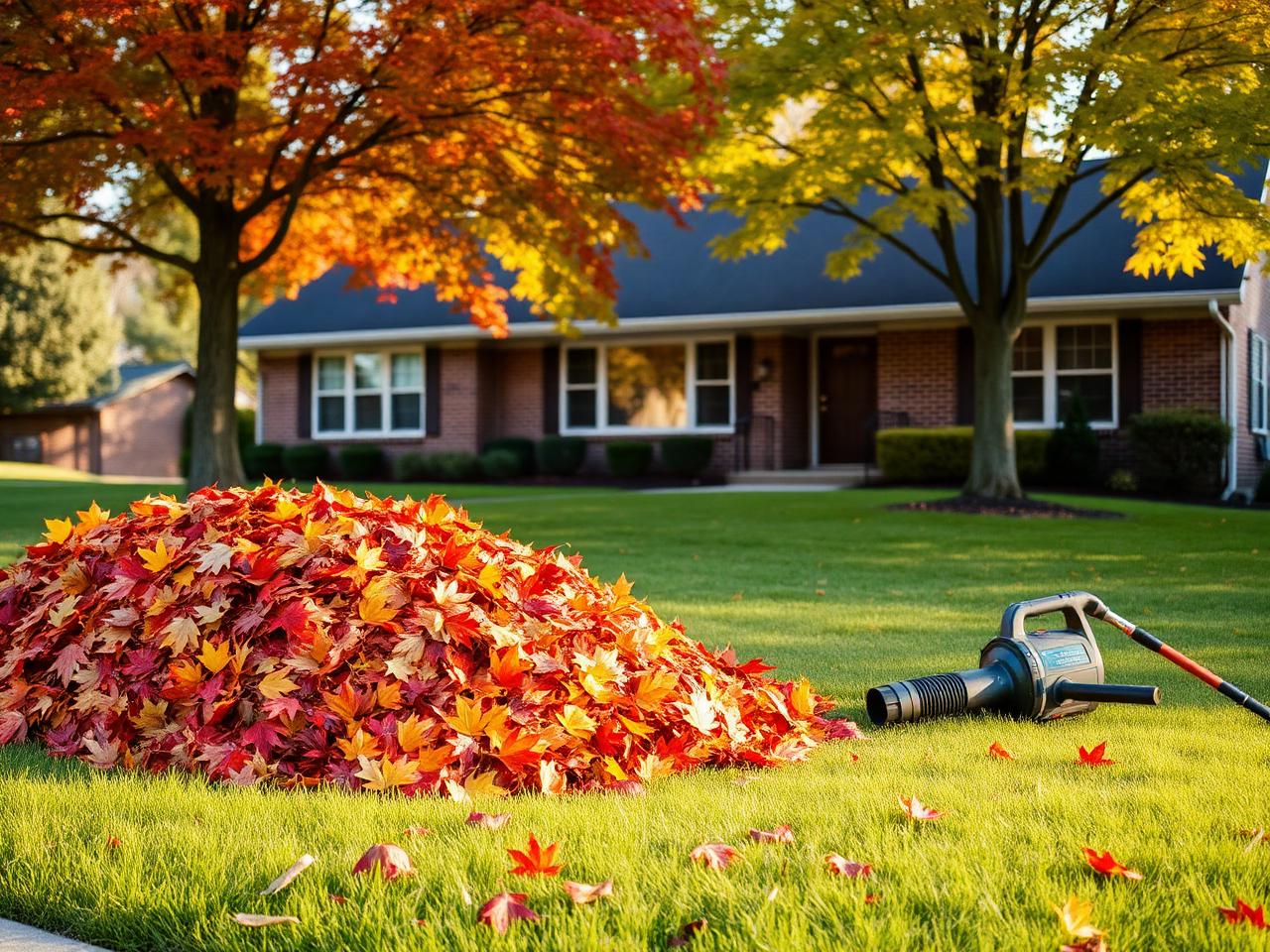Pile of autumn leaves cleaned up from a green suburban lawn with a leaf blower