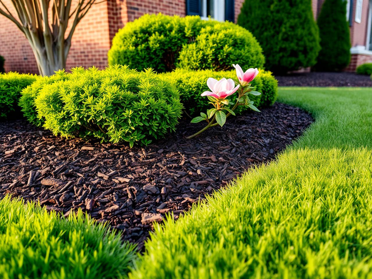 Fresh dark mulch spread around bright green shrubs with a crisp lawn edge